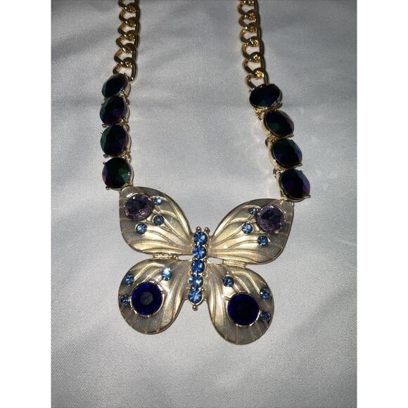 Betsey Johnson Gold Tone Blue/Purple & Iridescent Rhinestone Butterfly Necklace - Picture 1 of 8